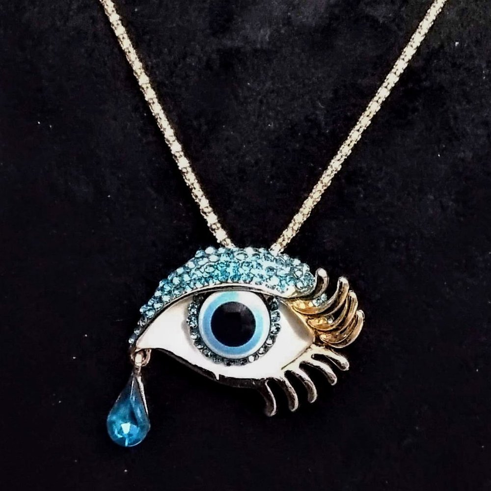 Salvatore Dali Eye Time Blue Rhinestone & Enamel Evil Eye Art Pendant & Necklace